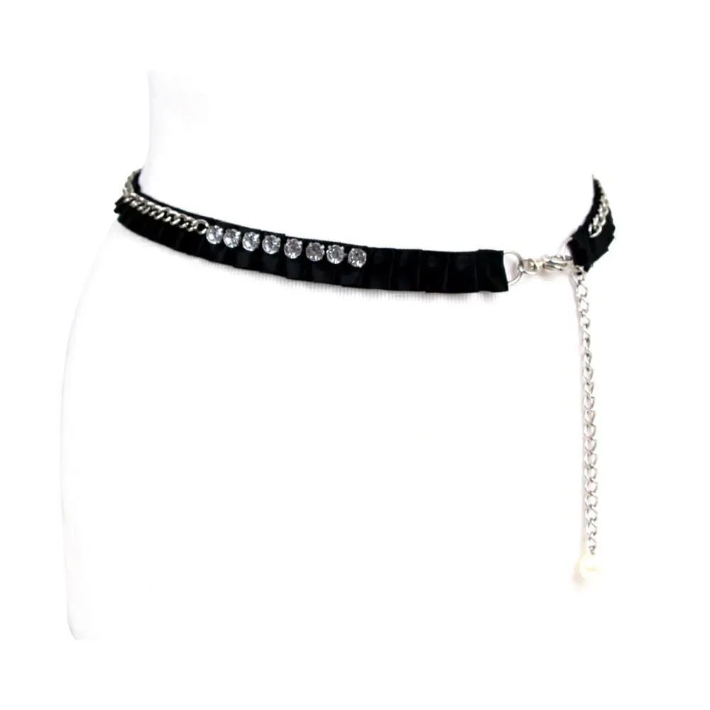 BLACK FABRIC RHINESTONE FAUX PEARL 3/4"Wd DRESS WOMEN BELT ADJUSTABLE Size (E98